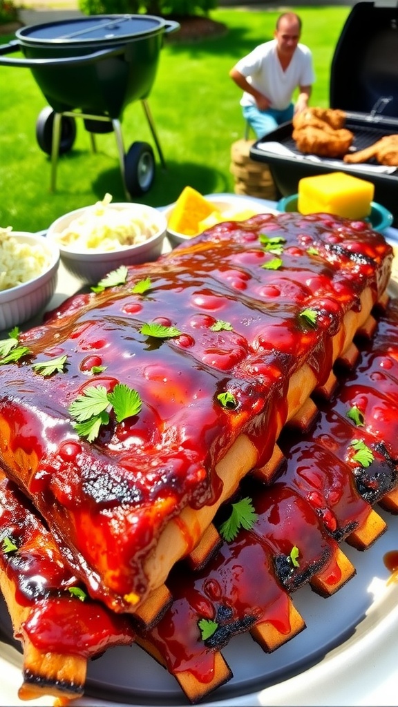 Delicious barbecue ribs on a platter with sauce, garnished with parsley, served outdoors.